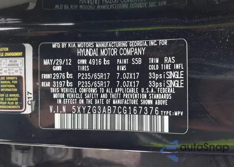 2012 Hyundai Santa Fe Gls z USA, uszkodzony, nr VIN 5XYZG3AB7CG167376